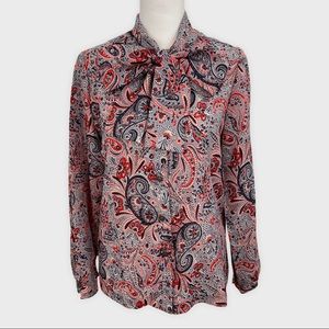 Vintage Gray Red Black Paisley Floral Tie Neck Blouse Size 10
